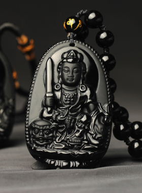 天然黑曜石属兔本命佛吊坠文殊菩萨生肖兔人守护神吊坠挂件男女