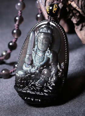 冰种黑曜石文殊菩萨附证书吊坠