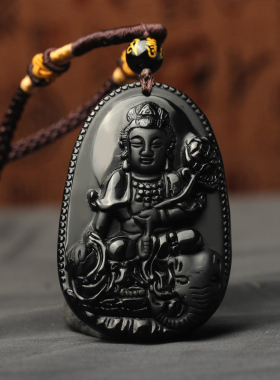 天然黑曜石普贤菩萨吊坠属龙蛇人本命佛项链男女生肖守护神礼物