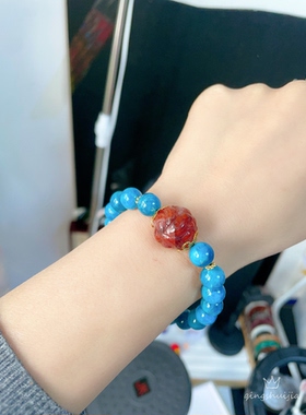 天然蓝磷灰石红胶花九尾狐手链手串，9mm蓝磷灰。