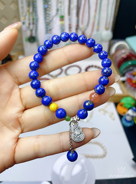 天然青金石手链女招财转运手串蓝色原矿老料纯银饰品礼物