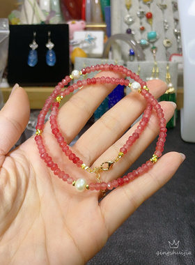 天然海蓝色玉髓/桃红色玉髓珍珠项链，清新百搭。