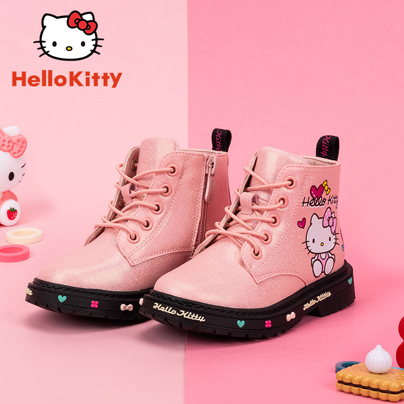 HelloKitty儿童鞋女童马丁靴新款2022冬季加绒保暖小女孩二棉鞋子-图0