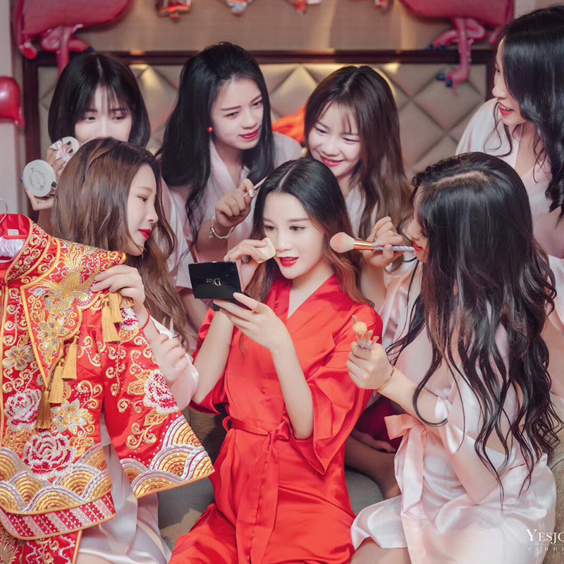 吉祥婚品定制新娘伴娘团定制晨袍结婚婚礼闺蜜刺绣睡衣趴秋春红色睡袍睡裙女夏0