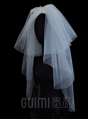 多层蓬蓬珍珠头纱新娘婚纱头饰
