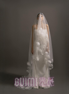 大花朵头纱凹造型新娘头饰长款