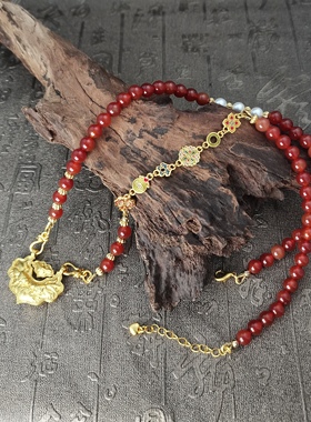 马面裙汉服配饰项链古风红色玛瑙女款新中式手工项链国风沙金吊坠