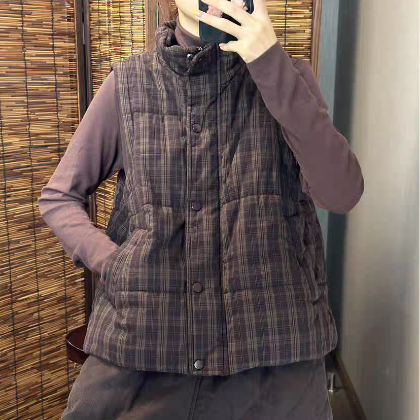 冬季新款格子夹棉马甲女复古立领保暖背心外套9307,淘宝优惠券,粉丝福利购,淘宝优惠卷