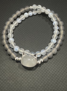 天然水晶双圈手串灰玛瑙月光手串原创简约风猫咪设计时尚百搭手链