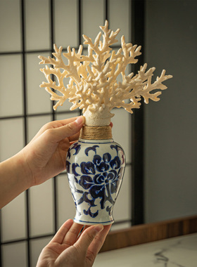 新中式高级感青花瓷陶瓷花瓶珊瑚仿真花摆件客厅玄关装饰品花艺品
