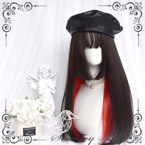 斯万家-挂耳染红色姬发黑长直发齐刘海日常公主切假发-|红桃Q| - 图0