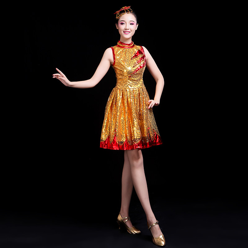 现代舞演出服表演服时尚亮片女连衣裙快板爵士舞舞蹈服装青春活力_虎窝淘