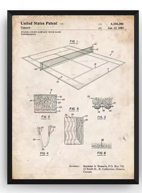 装饰画有框挂画墙壁怀旧复古网球体育健身礼物发明图纸家居礼物