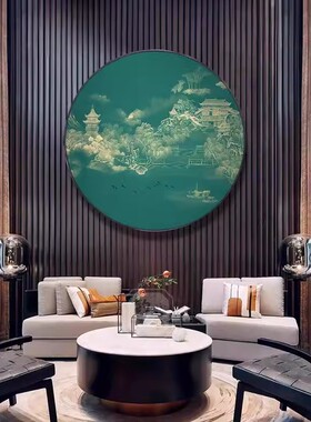 新中式入户玄关装饰画圆形绿色风景山水画禅意茶室酒店餐厅挂画