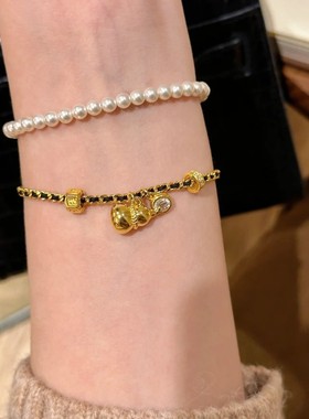 S925纯银新中式福禄黑金编织手绳金葫芦吊坠手链女新款手环手