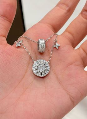 s925银意大利重工拉丝通体纯银金福袋碎冰四叶草项链圆盘超闪重工