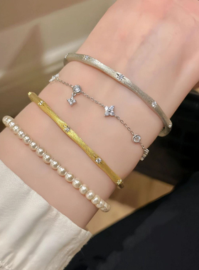 s925通体纯银意大利中古拉丝缎带星芒手镯素圈百搭复古银手镯