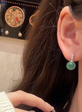 纯银s925非洲精品翠耳环中国风独龙玉圆珠耳饰小众感精致轻奢