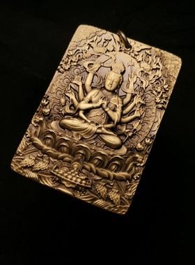 思沛铜雕准提佛母佛牌新品低调复古风个性纯黄铜吊坠浮雕雕刻方牌