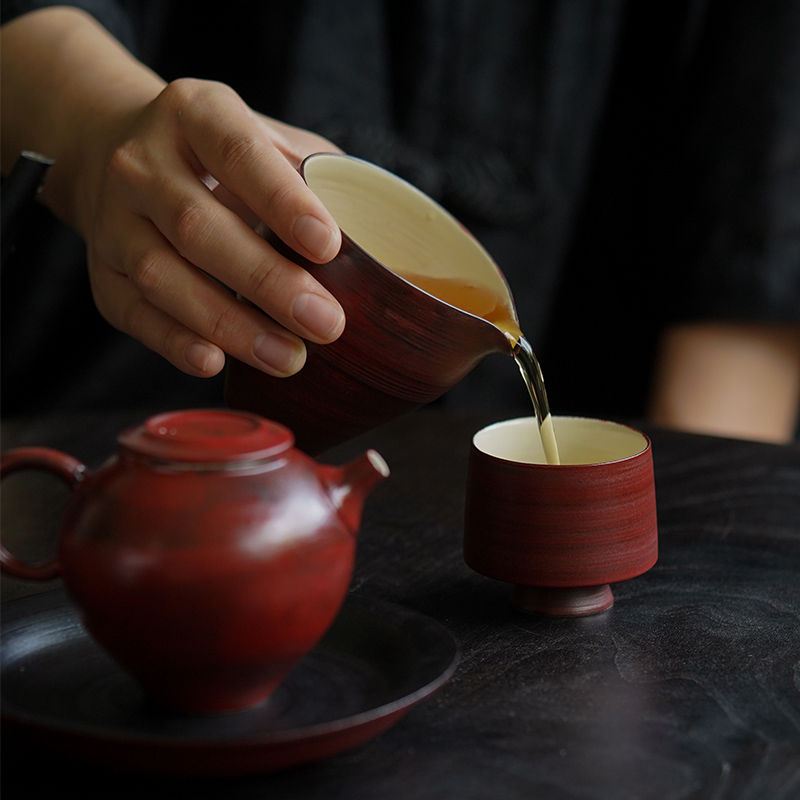 山楂红诧寂风粉引粗陶茶杯复古高足品茗杯家用单杯日式主人杯茶盏 - 图2