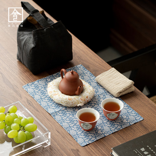 朱泥紫砂思亭壶单壶两茶杯泡茶壶壶承茶巾茶席功夫茶具茶事套组 - 图3