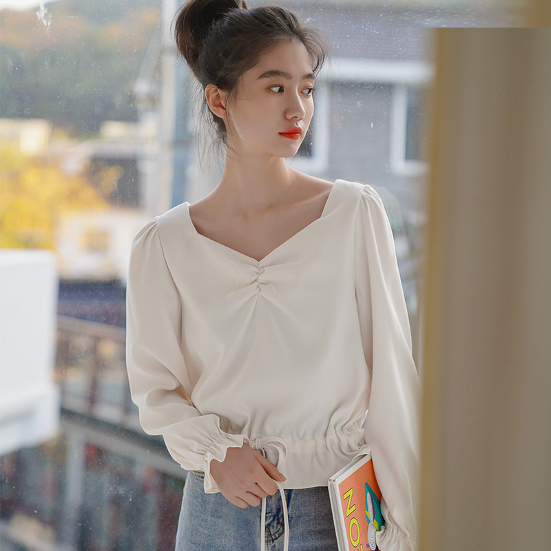 拉窝姐姐褶皱设计喇叭袖长袖雪纺衫女春装款简约气质小清新收腰上衣潮0