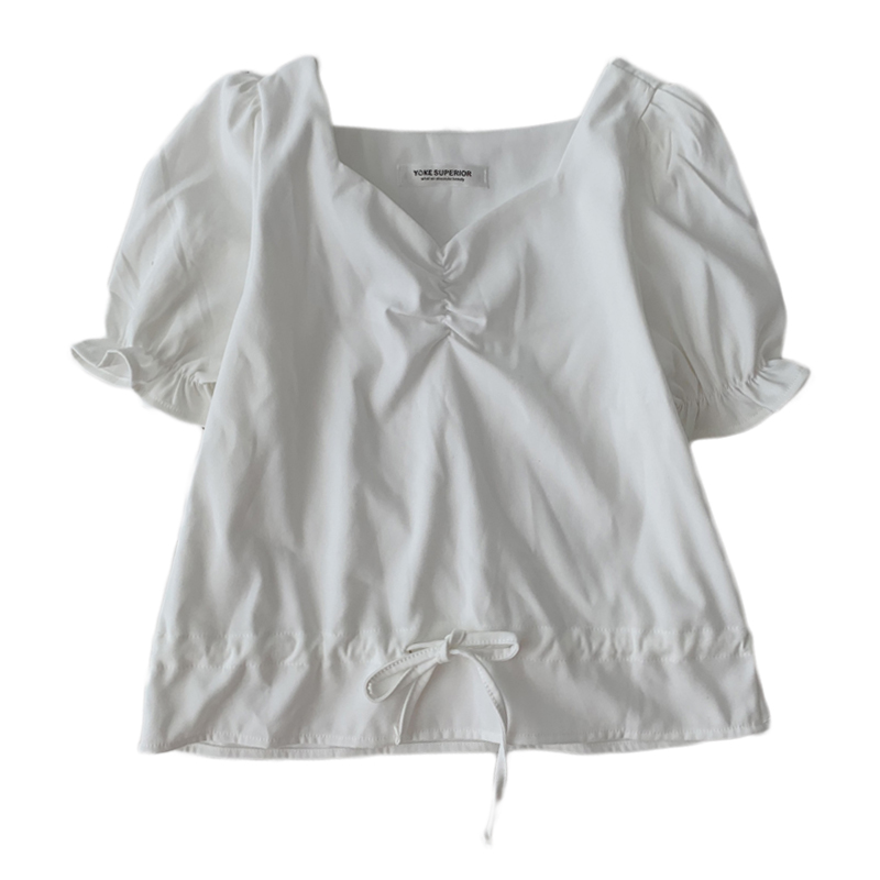 拉窝姐姐褶皱设计喇叭袖长袖雪纺衫女春装款简约气质小清新收腰上衣潮3