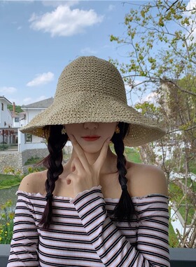 休闲度假透气编织花朵草帽女遮阳