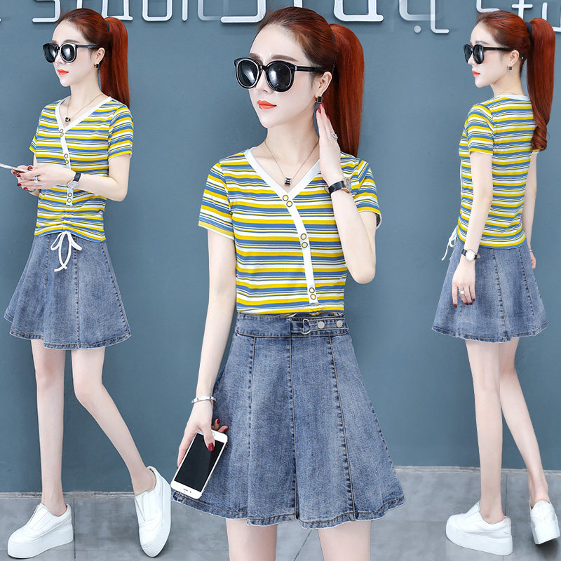 欧贝妮女装气质条纹短袖夏季修t恤 尚吻蔓T恤