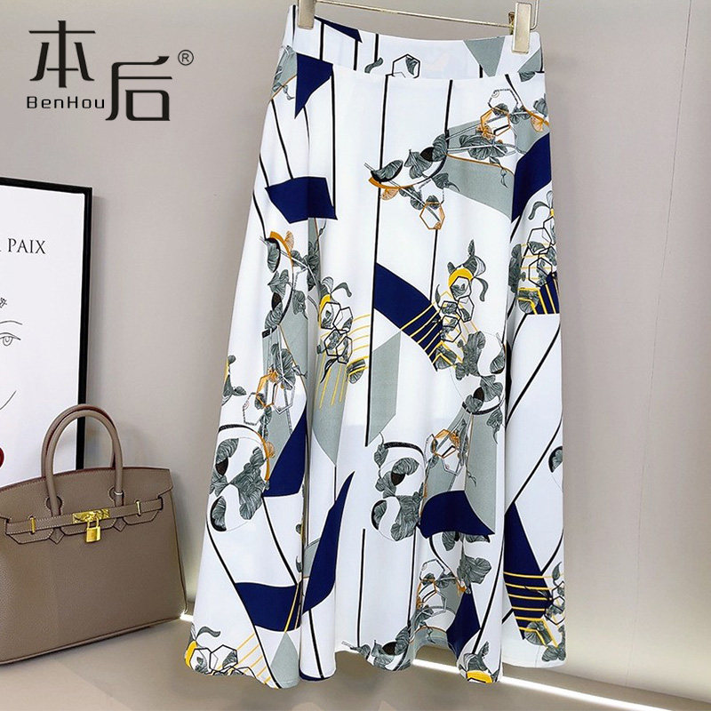 0121芙蓉丝垂坠感印花中长款半身裙 本后半身裙