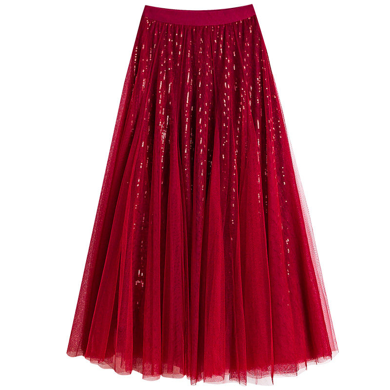 10米大摆!酒红亮片网纱秋冬半身裙 本后半身裙