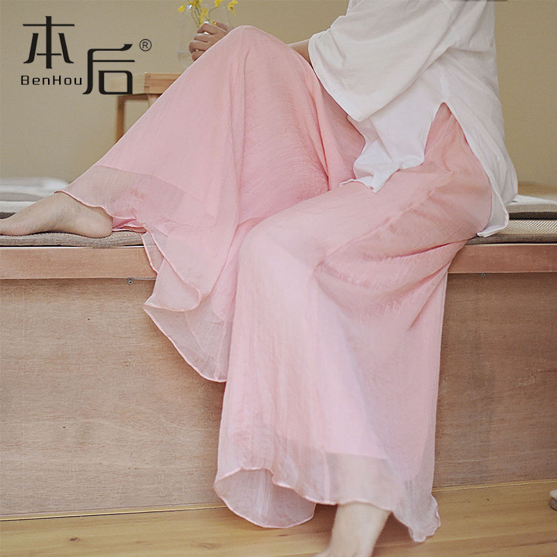 文艺棉麻女春高腰垂感夏宽松阔腿裤 本后休闲裤
