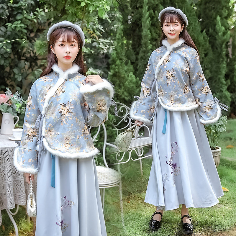【清仓】汉元素冬装女加厚保暖汉服改良古风可以上班穿日常套装裙_虎窝淘