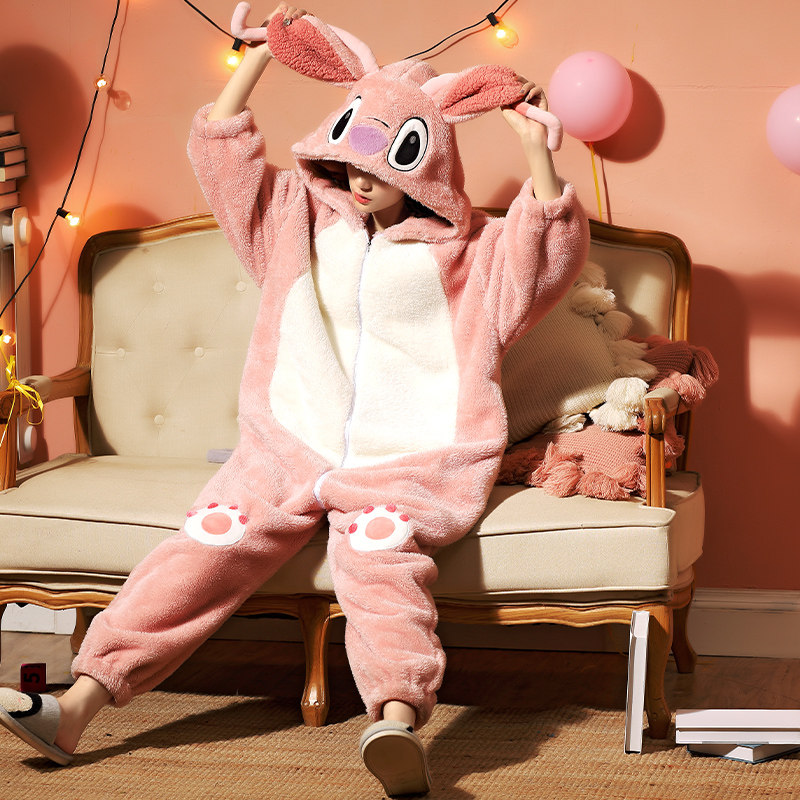 连体秋冬季珊瑚绒学生可爱连帽睡衣 纯兰语睡衣/家居服套装