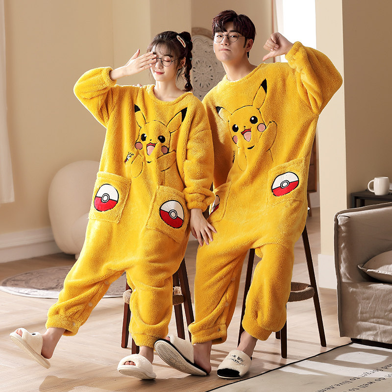 连体冬季长袖卡通珊瑚绒情侣睡衣 纯兰语睡衣/家居服套装