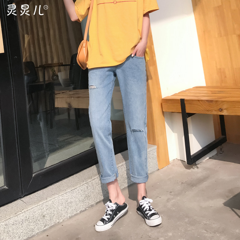 孕妇裤春夏2020新款韩版破洞牛仔裤 灵炅儿孕妇直筒裤