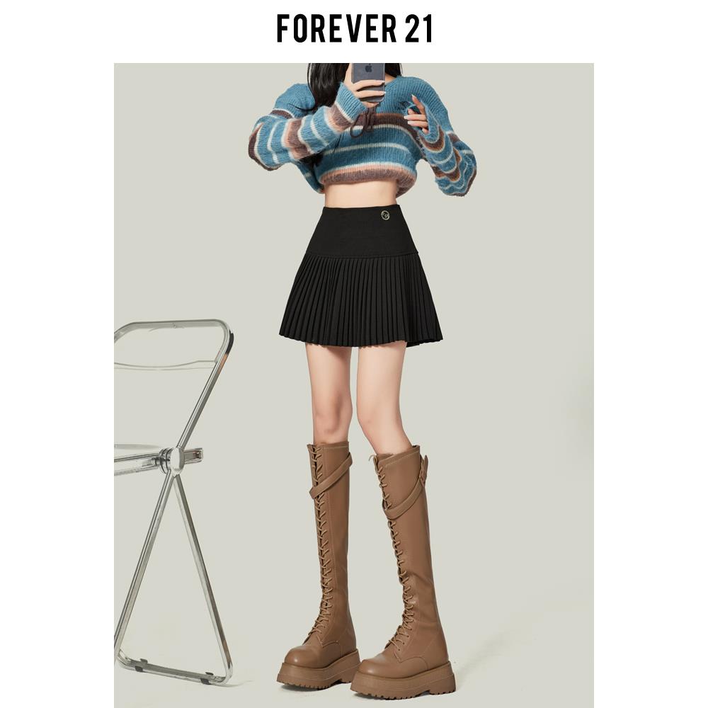 Forever21白色伯克利半身裙女2023秋冬款高腰毛呢A字短裙jk百褶裙