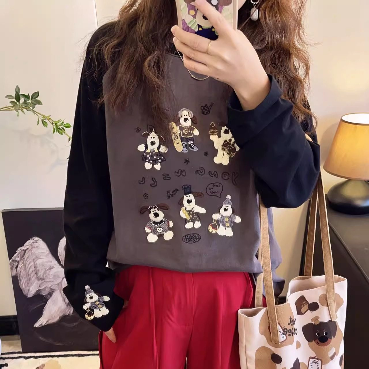 纸袋家秋季新款「显瘦拼色插肩袖打底衫」1183大耳朵狗刺绣长袖,淘宝优惠券,粉丝福利购,淘宝优惠卷