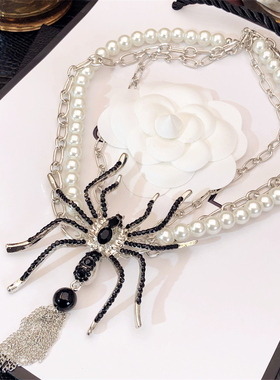 双层珍珠长款流苏蜘蛛项链