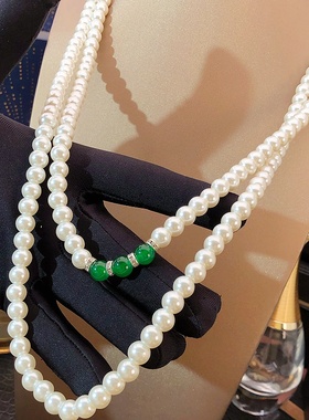 新中式绿色珍珠项链女高级感轻奢时尚气质多层毛衣链2025年新款女