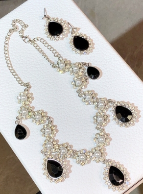 轻奢超闪黑色水滴满钻珍珠流苏项链耳环套装女精致高级感锁骨链潮