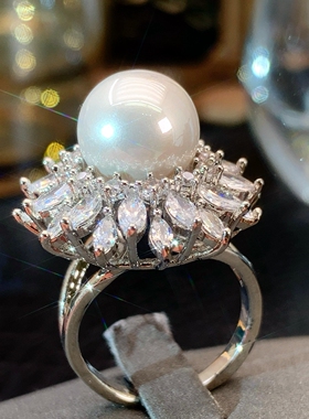 欧美复古高级感满钻花朵造型小众设计大珍珠轻奢开口戒指食指戒女