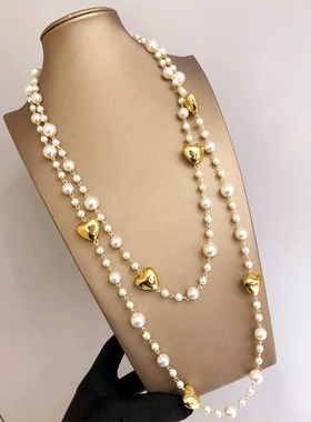 多层长款珍珠项链复古爱心毛衣链