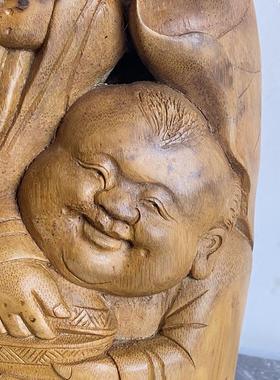 竹根雕摆件和合二圣 纯手工雕刻创意结婚礼物