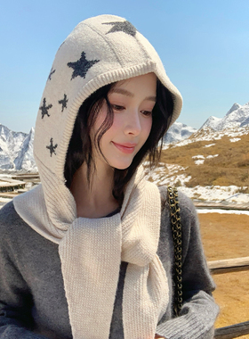 羊毛混纺红色围巾帽子一体女2026