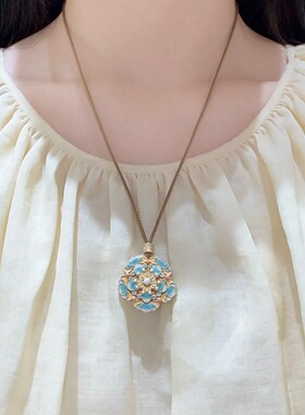 新中式锦鲤花朵珐琅描金毛衣链长款项链女吊坠配饰锁骨链女士饰品