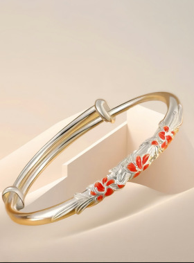 合金镀银手镯繁花似锦珐琅彩手镯百搭女镯子繁花新中式古风手镯