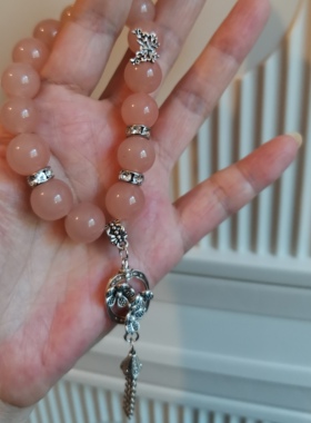 粉黛新款天然石粉玉髓手串女中式仿古银流苏手链手串水晶粉手串-1