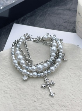 Y2K辣妹珍珠多层十字架手链小众设计高级感重工个性甜酷手环手饰