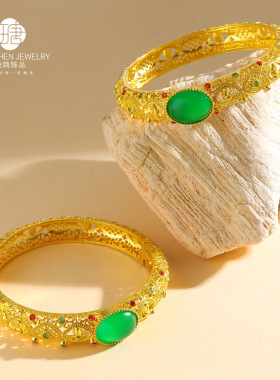 合金镀金中式手镯古法镶嵌镶钻绿宝石开口猫眼手镯镶钻卡扣手镯